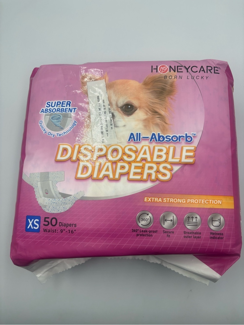 Honeycare XS Dog Diapers 50 Count Disposable Male/Female Puppy Wraps 9-16” New